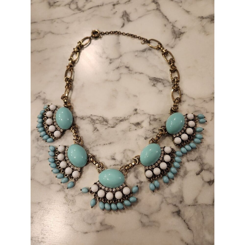 Vintage Style Gold Tone Statement Necklace With Turquoise Colored & White Beads